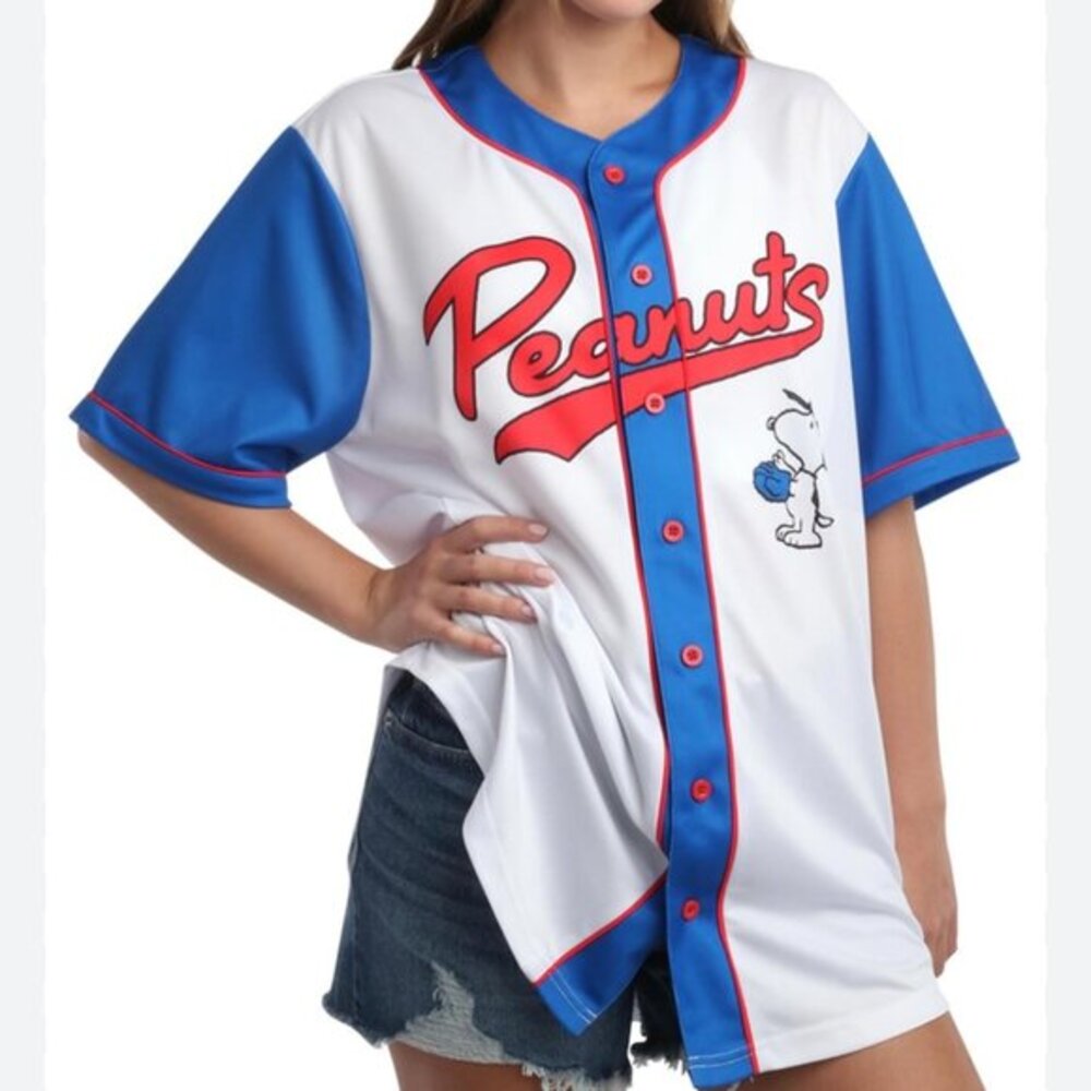 NEW Snoopy Baseball Jersey Women’s Size Large Peanuts Button Up‎ NWT